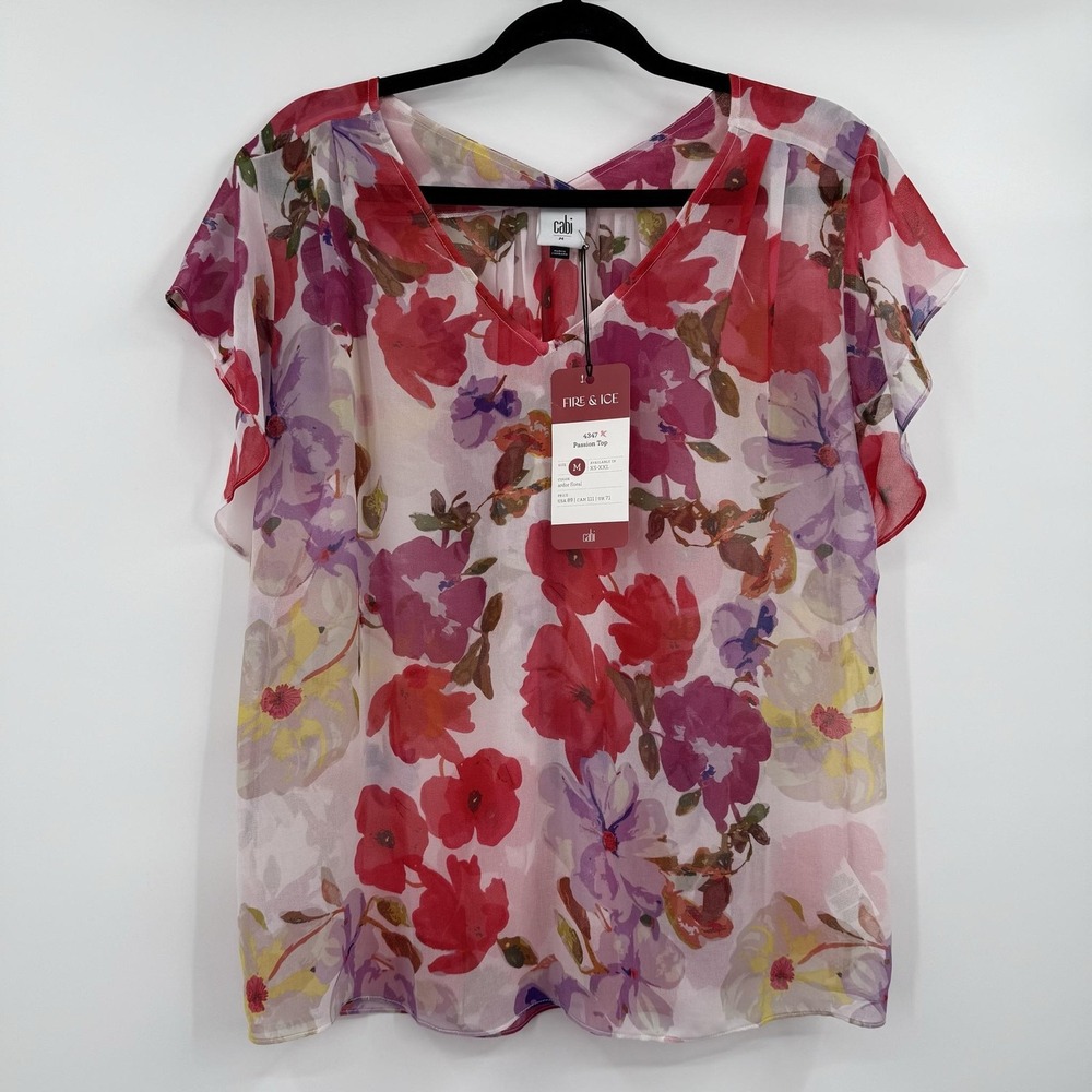 CAbi Tunic Blouse Womens M Pink Floral Sheer Chiffon Flutter Short Sleeve